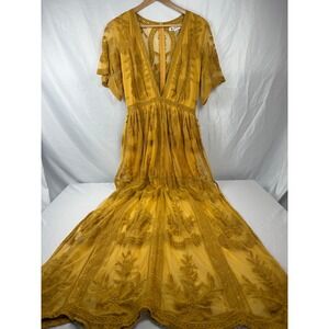 Wild Honey M Mustard Embroidered Mesh Maxi Dress Boho Plunge Lace Festival